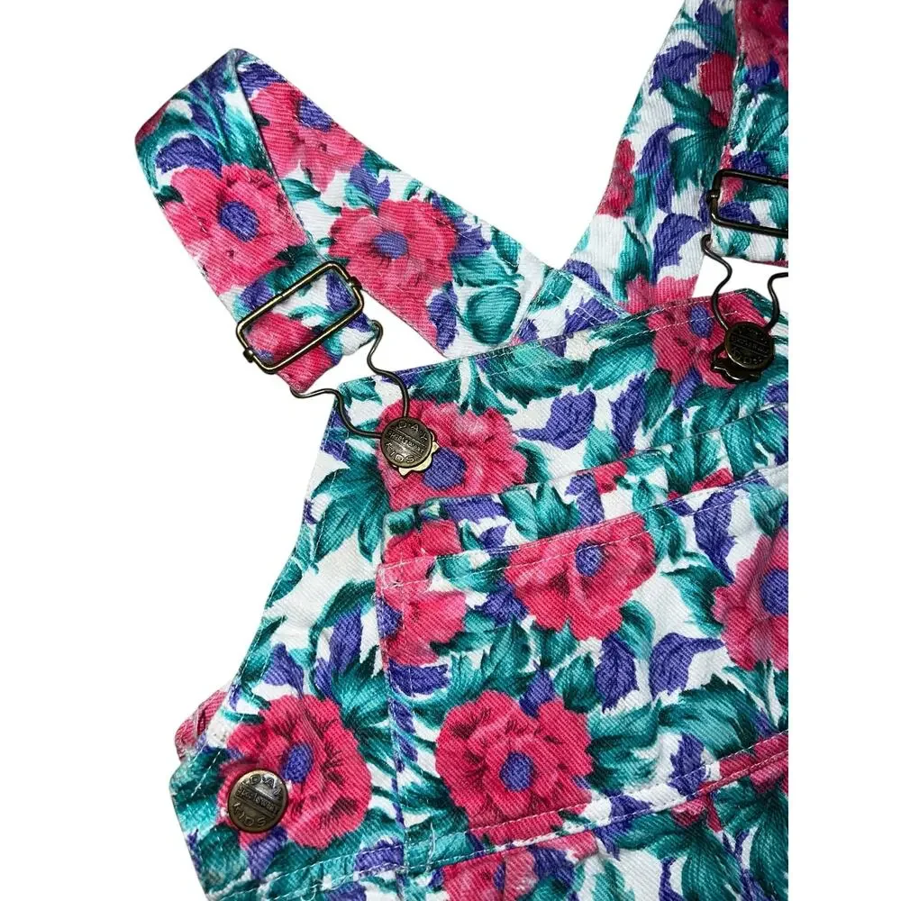 Vintage 80/90s Floral pink purple green denim ruffled shortalls girls size 4T